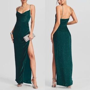 Retrofete KATYA SEQUIN DRESS Emerald green sequin maxi gown side slit xl